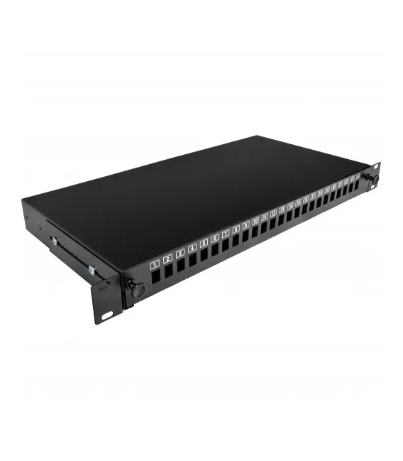 Патч-панель 24 порта SC-Simpl./LC-Dupl./E2000, пустая, кабельные вводы для 6xPG13.5 и 6xPG11, 1U, черная, Украина